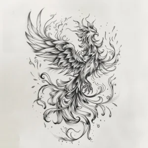 phoenix tattoo design with dot work and flames in black and grey