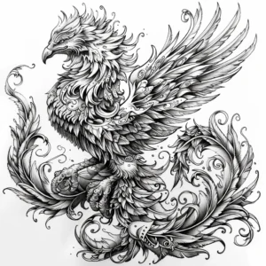 phoenix with big and bulky feathers tattoo design in black and grey