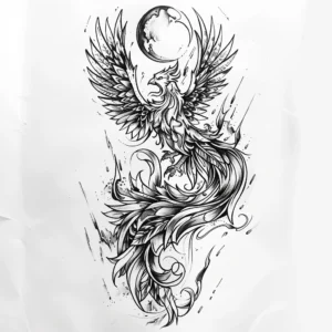 phoenix with long tail rising from the fires with globe above it tattoo design in black and grey