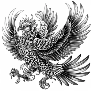 phoenix with spread wings and dark color details in black and grey