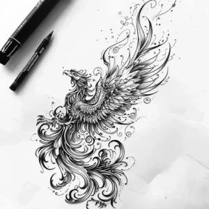 phoenix with wavy lines and curls tattoo design in black and grey