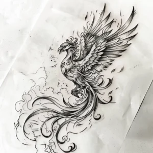 screeching flying phoenix rising from the fires tattoo design in black and grey