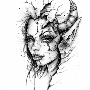 seductive devil woman head with horn and sharp teeth tattoo design in black and grey