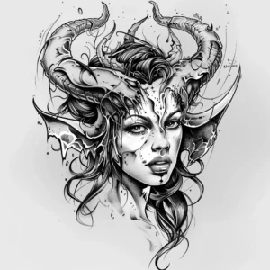 seductive devil woman head with horns and dark hair tattoo desigin in black and grey
