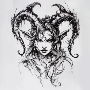 seductive devil woman portrait with big horns tattoo design in black and grey