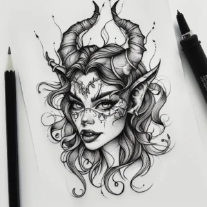seductive playful devil woman head with big eyes and horns tattoo design in black and grey