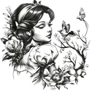 snow white looking at birds on a branch with roses around tattoo design in black and grey