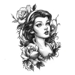 snow white looking surprised with roses aroudn her tattoo deisign in black and grey