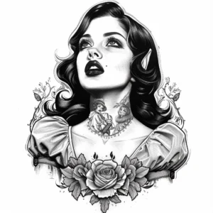 snow white looking up with a tattoo on her neck and a rose under her tattoo design in black and grey