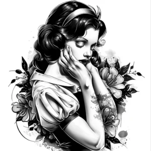 snow white with closed eyes and her hands on her cheeks with flowers tattoo design in black and grey