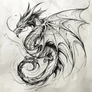 traditional dragon with big wings tattoo design on black and grey