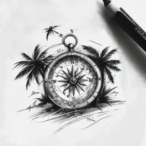 travel compass with palm trees tattoo design in black and grey