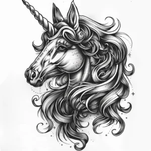 unicorn head with beaitiful hair and mane tattoo design in black and grey