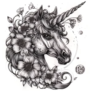unicorn head with flowers and planets tattoo design in black and grey