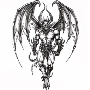 walking full body devil with horns and wings tattoo design in black and grey