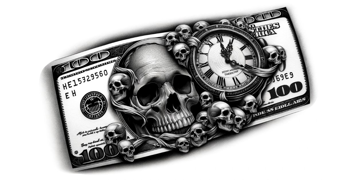 100 dollar bill tattoo with skulls and clock