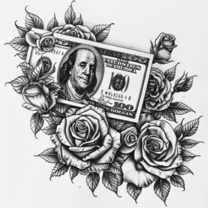 100 dollar bill with benjamin franklin and roses around it tattoo design in black and grey