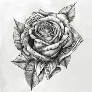 100 dollar bills formed as roses with leaves tattoo design in black and grey