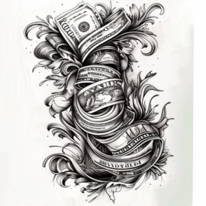 100 dollar bills swirling and twisting tattoo design in black and grey