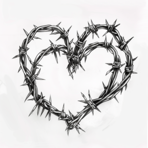 Barbed wire shaped as two hearts tattoo design in black and grey
