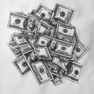 Big pile of 100 dollar bills tattoo design in black and grey