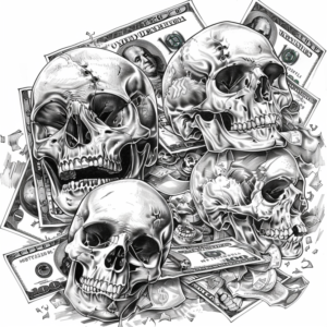 Black and grey tattoo design of skulls, 100 dollar bills and money