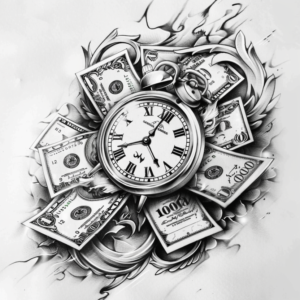 Clock on top of a pile og 100 dollar bills tattoo design in black and grey