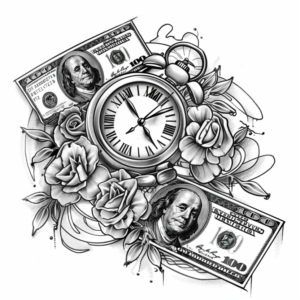 Clock with 100 dollar bills and roses around it tattoo design in black and grey