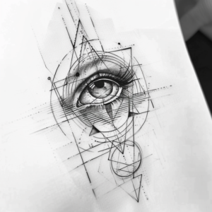 Geometrical microrealism tattoo design of an eye looking up in black and grey
