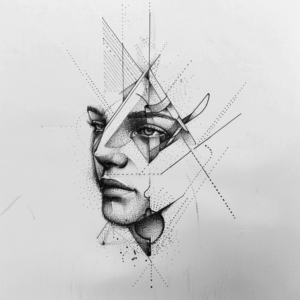 Geometrical microrealism tattoo design of part of a face with dot work in black and grey