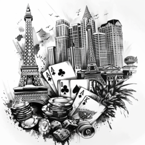 Las Vegas gambling tattoo design with eiffel tower, chips, aces, cards, dice and buildings in background in black and grey