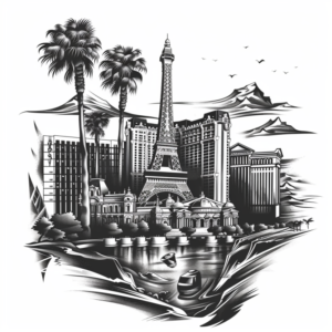 Las Vegas tattoo design with buildings, eiffel tower, desert, palm trees and water in black and grey