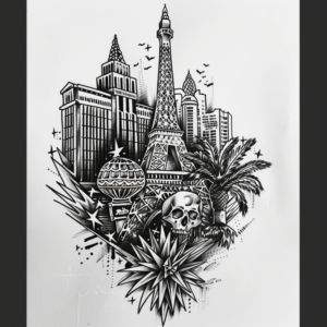 Las Vegas tattoo design with buildings, eiffel tower, palm trees and skull in black and greyLas Vegas tattoo design with buildings, eiffel tower, palm trees and skull in black and grey