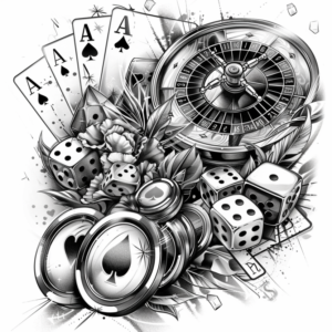Las Vegas tattoo design with roulette, dice, chips, aces and leafs in black and grey
