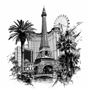 Las Vegas tattoo with eiffel tower, ferris wheel, palm trees and city buildings in black and grey