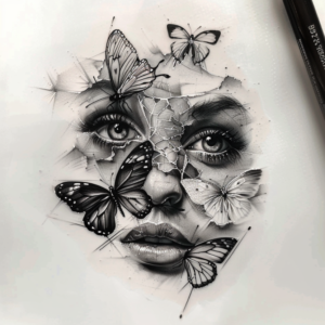 Microrealism tattoo design of a beautiful girls face with stunning eyes with cracked skin and butterflies around in black and grey