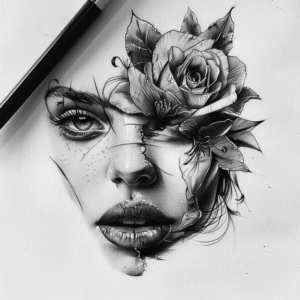 Microrealism tattoo design of a beautiful womans face with big lips, stunning eyes and a big rose covering one eye in black and grey