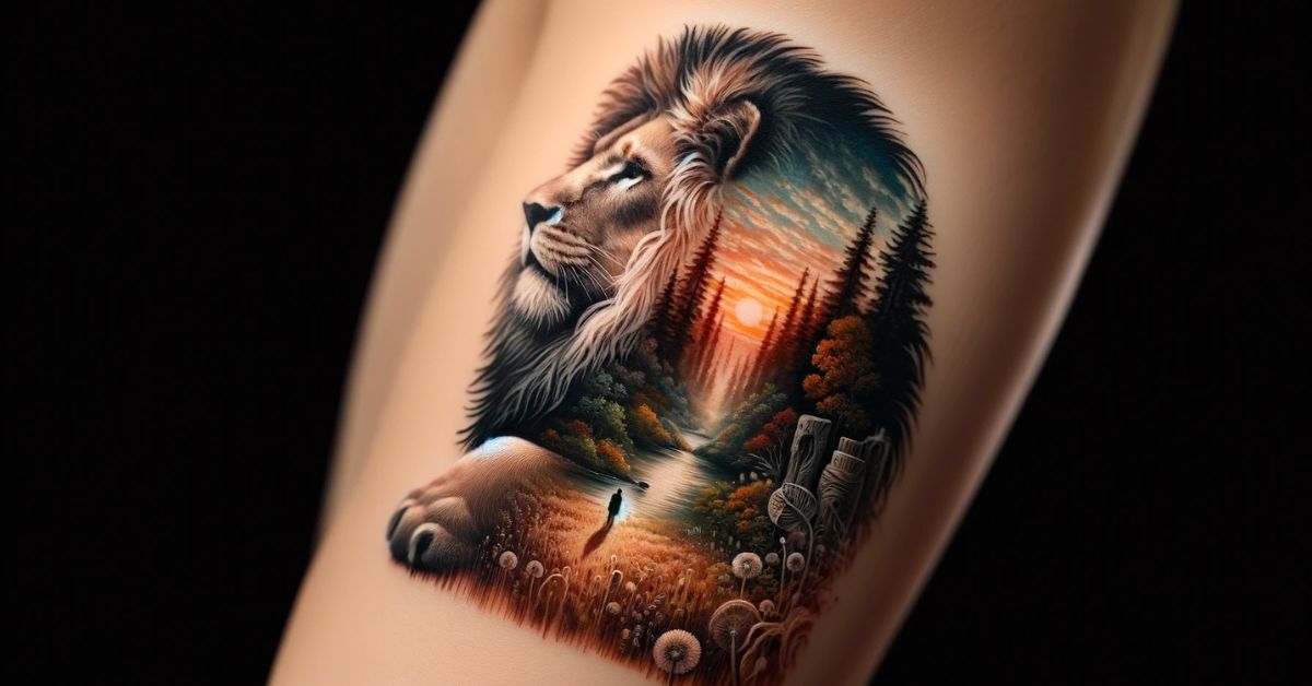 Microrealism tattoo of a lion and sunset