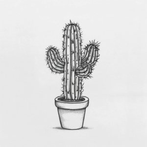 Minimalist cactus plant in pot with 3 arms and dotwork tattoo design in black and grey