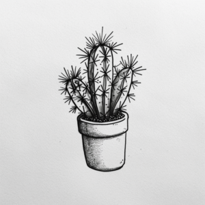 Minimalist cactus plant in pot with 3 heads tattoo design in black and grey