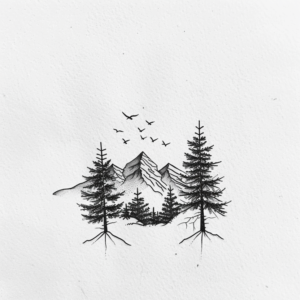 Minimalist nature tattoo design with mountain, fir trees, birds flying in black and grey
