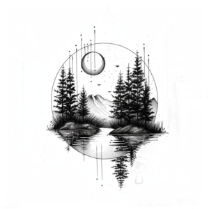 Minimalist nature tattoo design with mountain, fir trees, water, moon in black and grey
