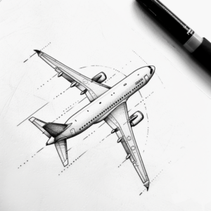 Minimalist travel airplane tattoo design with dotwork in black and grey