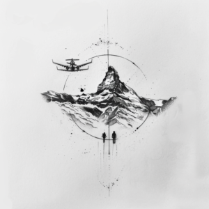 Minimalist travel tattoo design with mountain, couple, airplane, circle and dotwork in black and grey