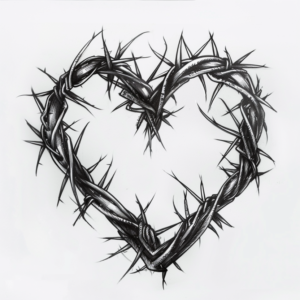 Thick and spiky barbed wire shaped as heart tattoo design in black and grey