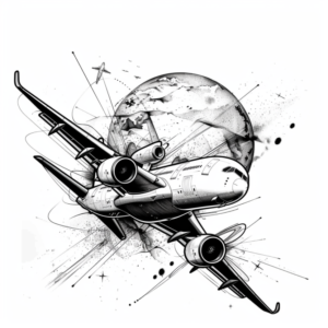 Travel airplane tattoo design with earth or globe behind, with lines and great detail in black and grey