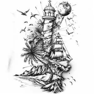 Travel tattoo design with globe, birds, palm tree, waves, shop and light tower in black and grey