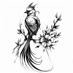 beautiful bird with long tail sitting in a branch with a flower tattoo design in black and grey