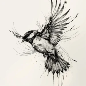 beautiful bird with spread wings flying with splashes and lines tattoo design in black and grey