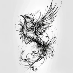 beautiful birds in the air with long feathers and curls tattoo design in black and grey